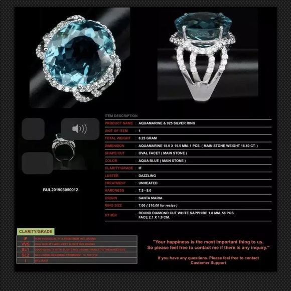 AQUA BLUE AQUAMARINE 16.80 CT.SAPP 925S RING SZ 7 NEW - Picture 8 of 10